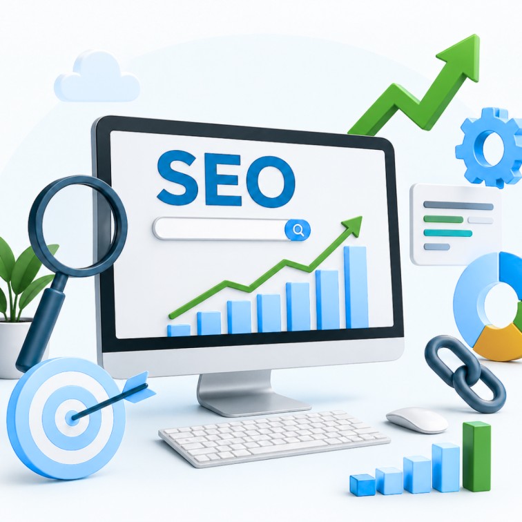 Search engine optimization services illustration showing SEO growth strategy, website performance improvement and sustainable business growth