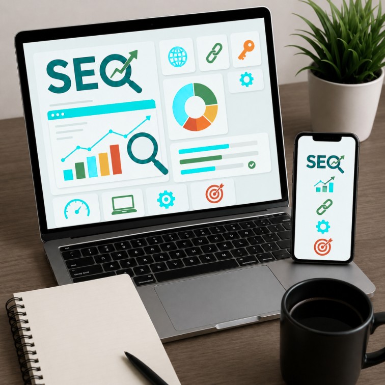 SEO dashboard showing website performance issues, keyword analysis and ranking improvement strategy for better search visibility