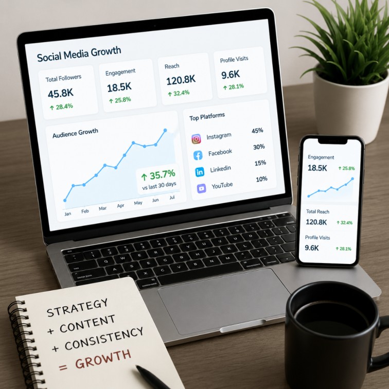 social media marketing services dashboard showing engagement reach and audience growth