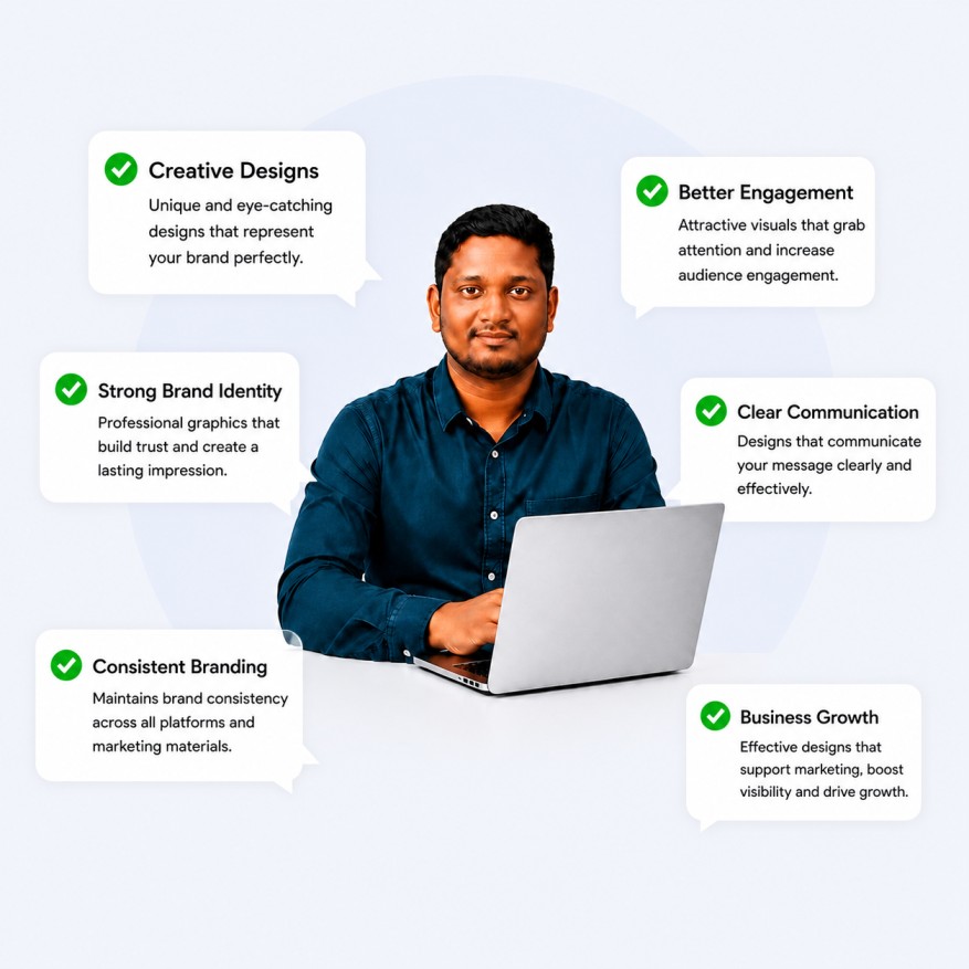 Creative graphic design agency illustration showing branding, logo design, visual identity and business growth elements with professional design workspace