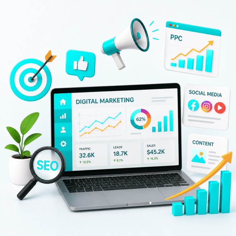 Digital marketing services dashboard showing SEO, social media marketing and PPC campaigns for online presence growth and lead generation