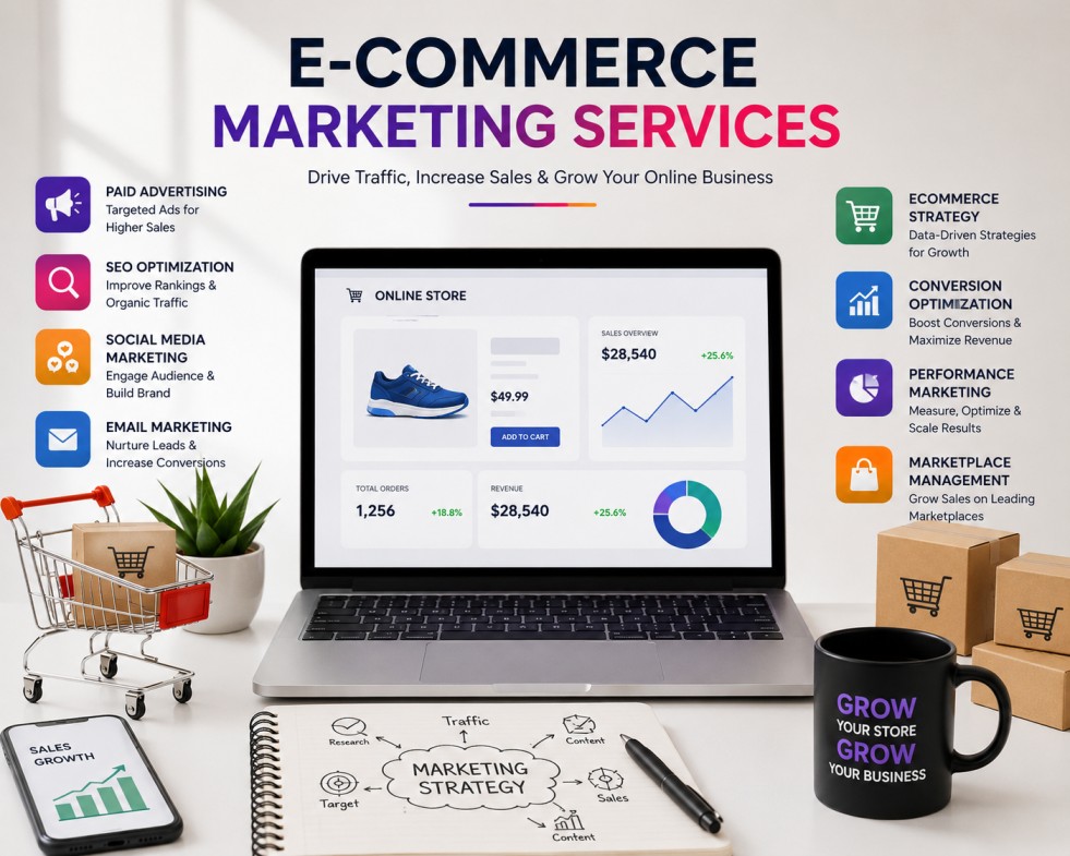 Ecommerce marketing services workspace illustration showing online store growth, ecommerce advertising, SEO optimisation and sales performance strategies