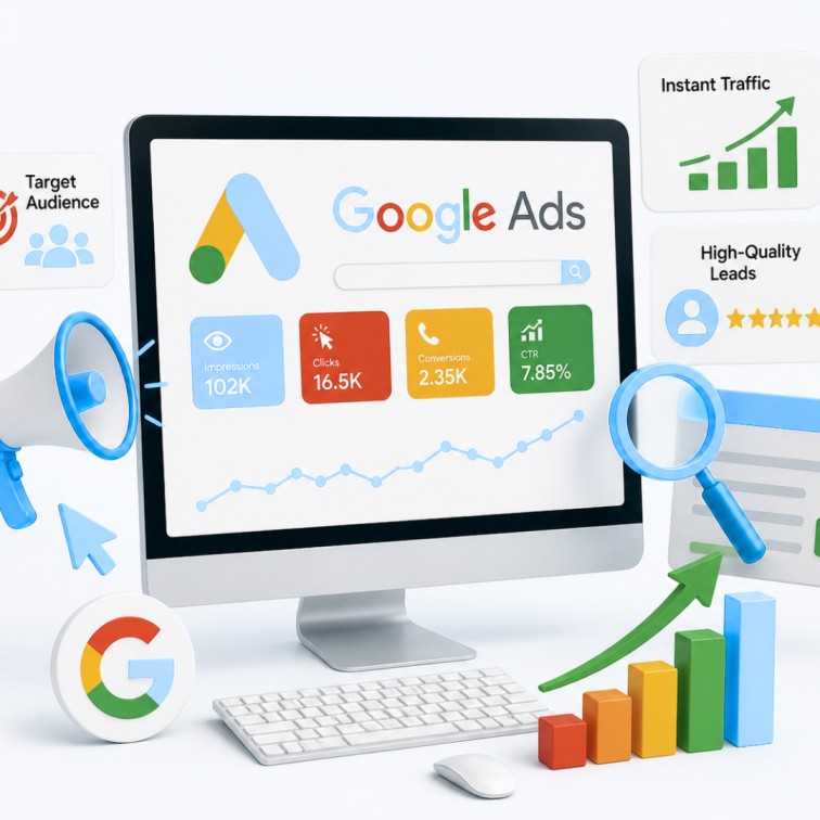 Google Ads services dashboard showing PPC campaign performance, instant traffic growth and high-quality lead generation strategy
