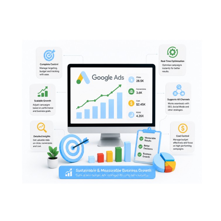 Google Ads services dashboard showing scalable PPC growth, campaign performance tracking and measurable business results