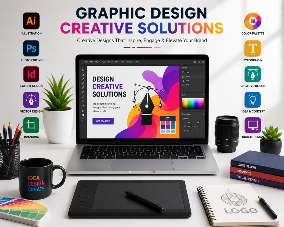 Professional graphic design workspace showing branding, logo design, visual identity and creative design elements for long-term business growth