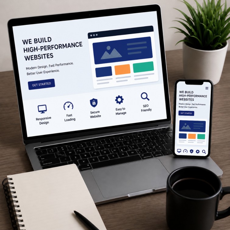 Website development design displayed on laptop and mobile showing responsive web design, fast performance and user-friendly interface
