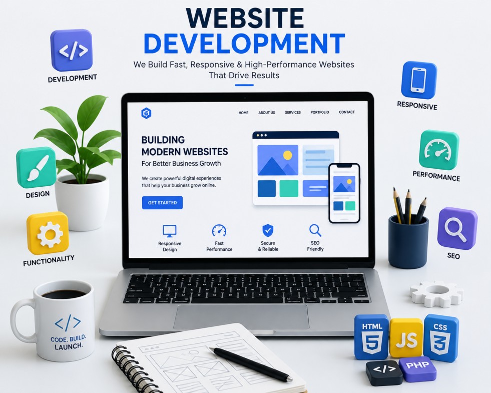 Website development illustration showing responsive website design, coding, performance optimisation and SEO-friendly structure on laptop and mobile