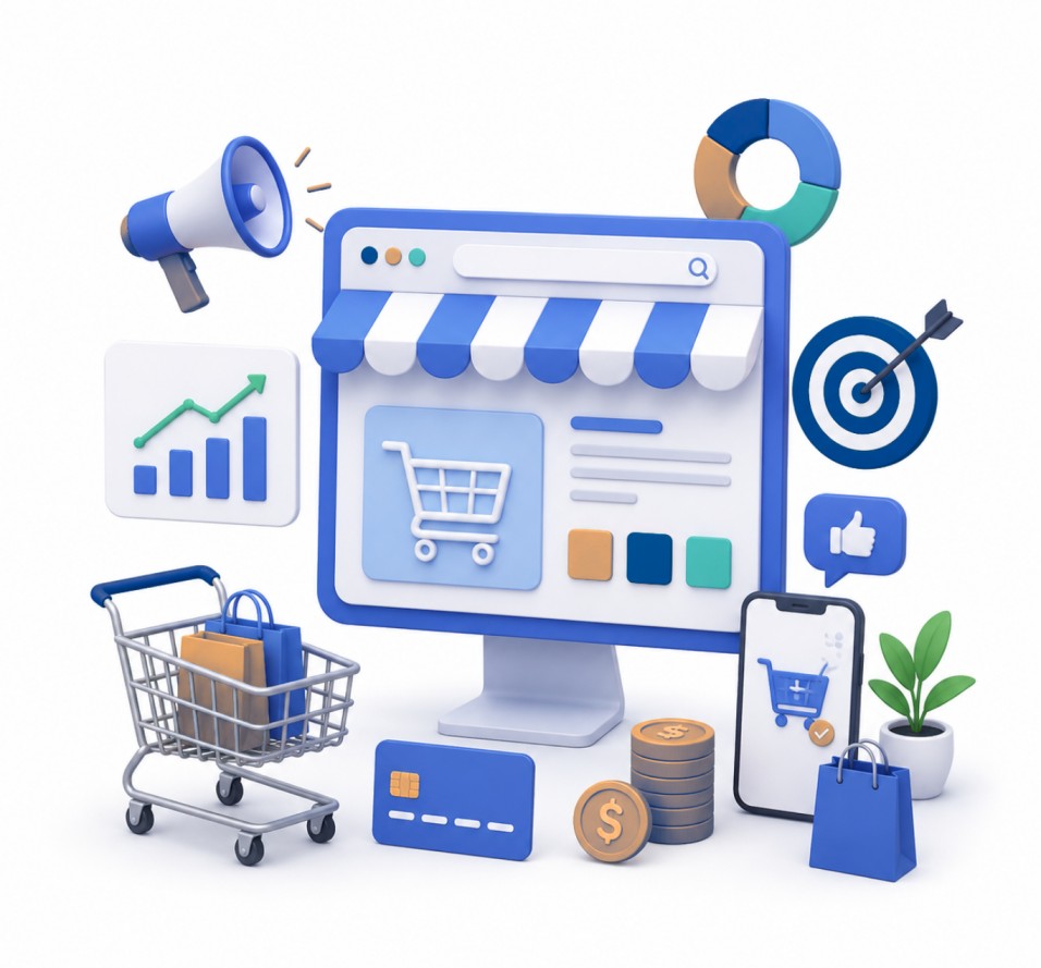 Ecommerce marketing services illustration showing online store growth, ecommerce advertising, customer engagement and sales optimisation strategies for business growth