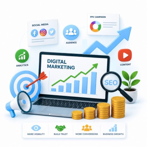 Digital marketing services illustration showing SEO, PPC, social media and analytics for long-term business growth and conversions