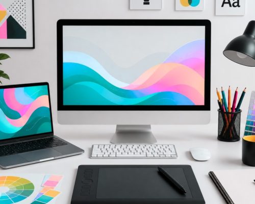 Graphic design workspace showing branding elements, creative design tools and visual identity concepts for business engagement and brand growth
